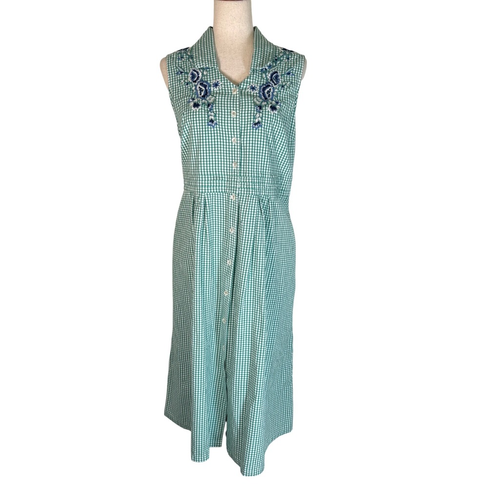 April Cornell Dress Womens Large Green Gingham Floral Embroidered Button Midi